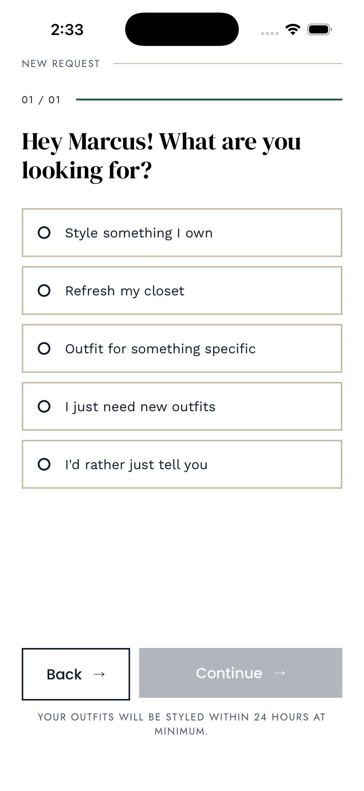 Bauhaüs styling request screen